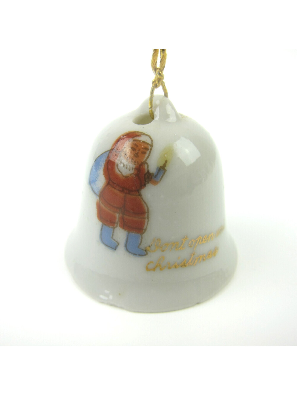 Vintage Christmas Bell Ornament Santa Claus Holds Candle Porcelain Japan 1950s